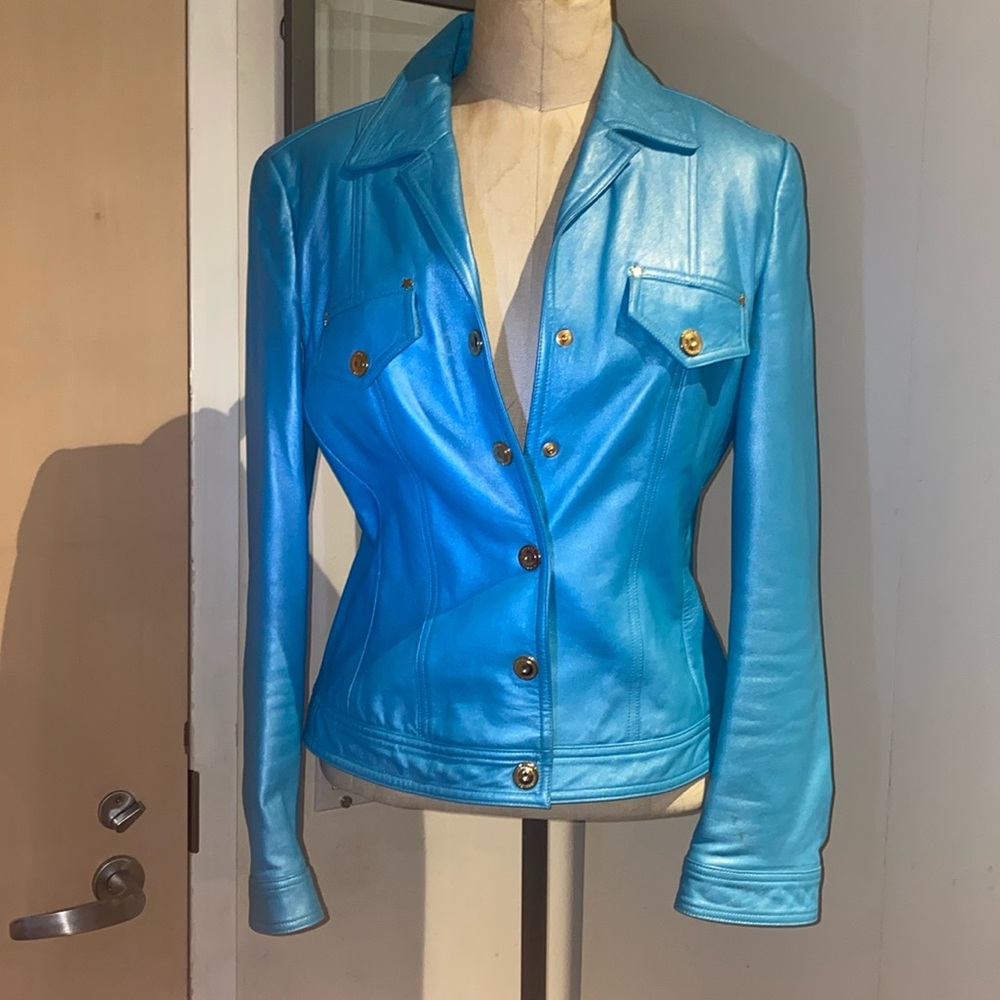 🔥❤️ EUC Escada Black Label Turquoise Lamb’s Leather Jacket/Coat